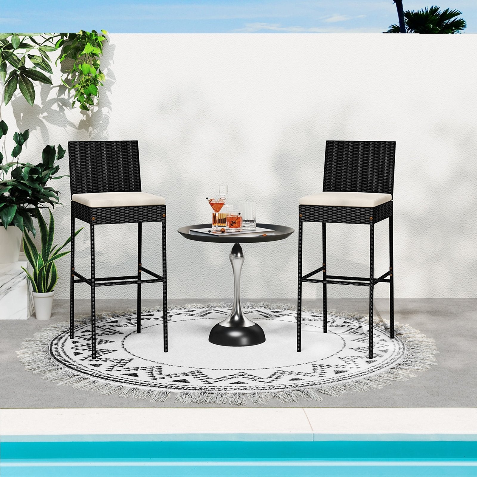 Patio Wicker Barstools Set of 2 with Footrest and Backrest for Backyard Patio Bar Furniture at Gallery Canada
