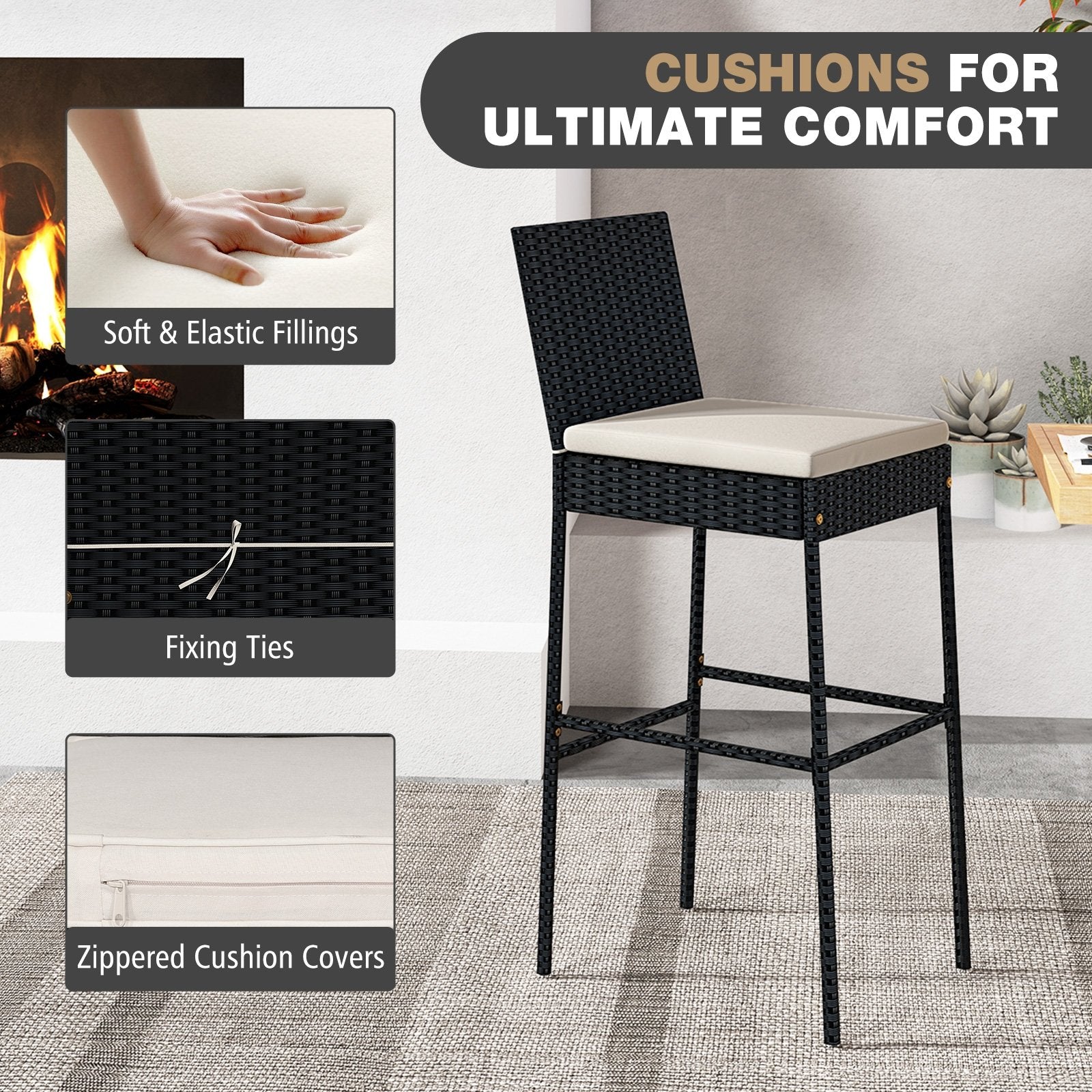Patio Wicker Barstools Set of 2 with Footrest and Backrest for Backyard Patio Bar Furniture at Gallery Canada