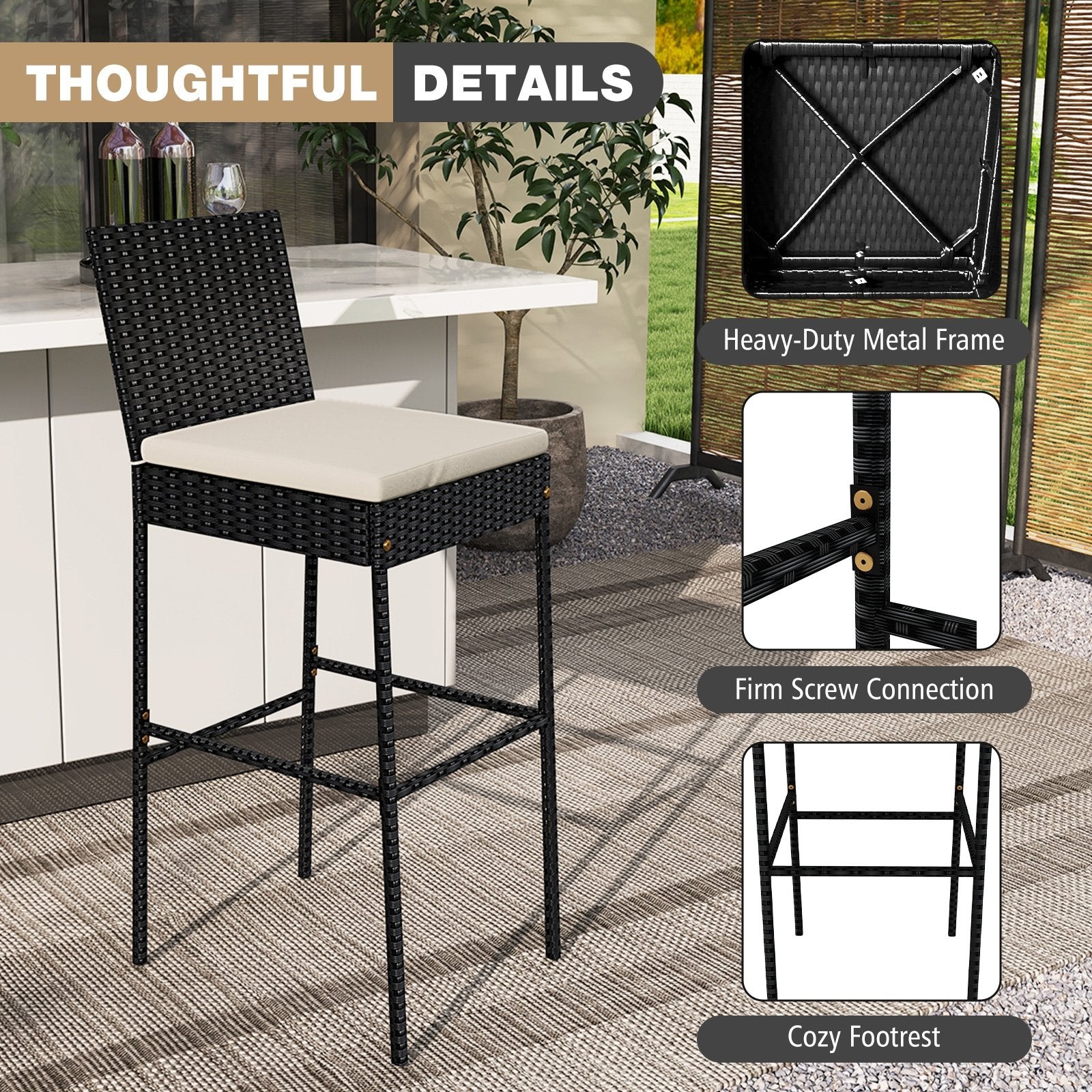 Patio Wicker Barstools Set of 2 with Footrest and Backrest for Backyard Patio Bar Furniture at Gallery Canada