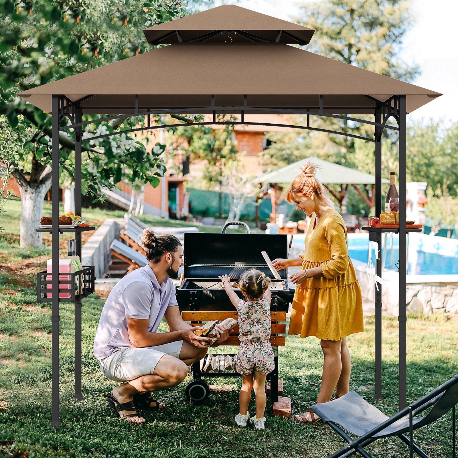 8 x 5 Feet Outdoor Grill Gazebo with 2 Side Shelves and 10 Hooks, Brown Gazebos at Gallery Canada