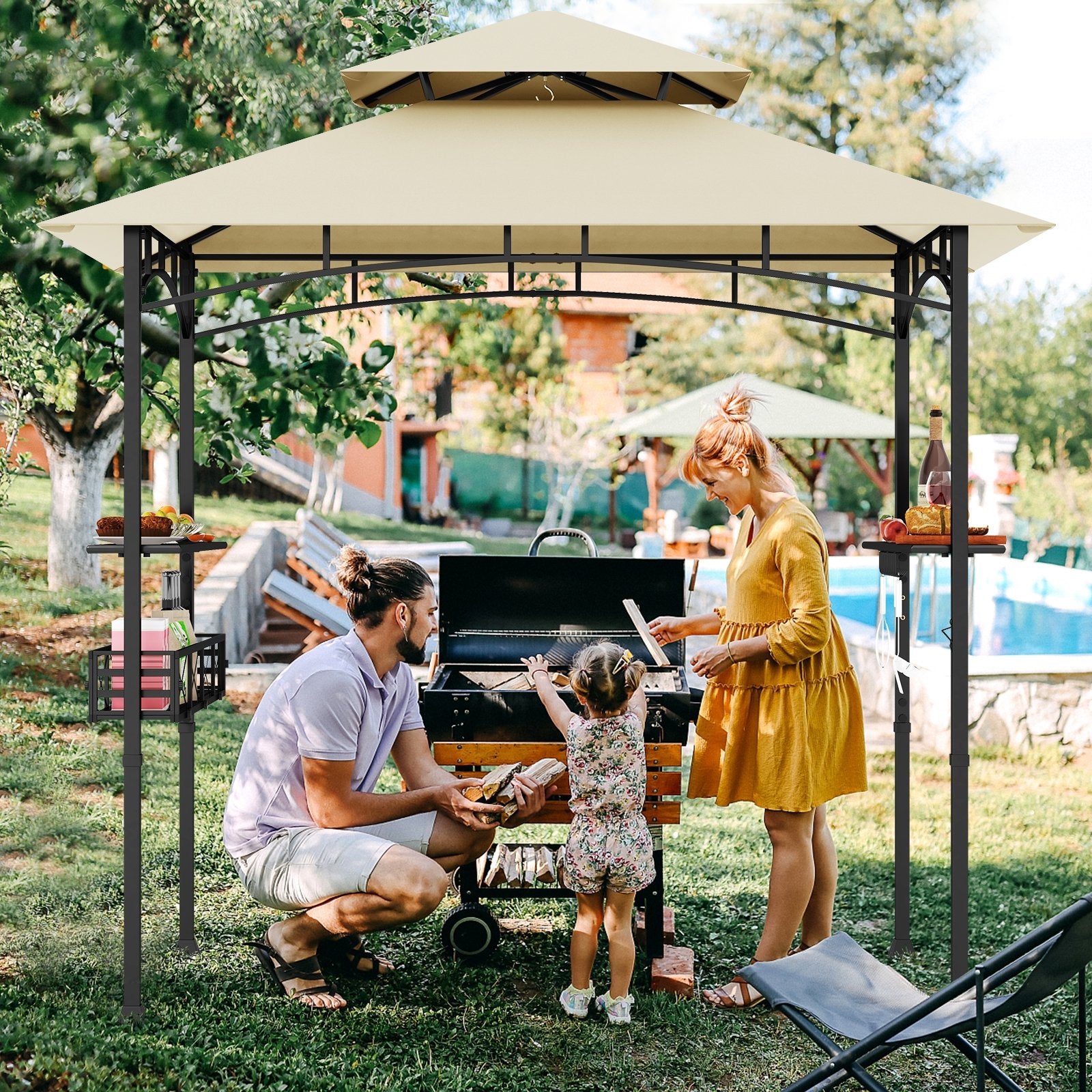 8 x 5 Feet Outdoor Grill Gazebo with 2 Side Shelves and 10 Hooks, Beige Gazebos at Gallery Canada