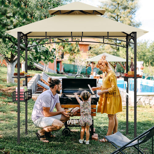 8 x 5 Feet Outdoor Grill Gazebo with 2 Side Shelves and 10 Hooks, Beige
