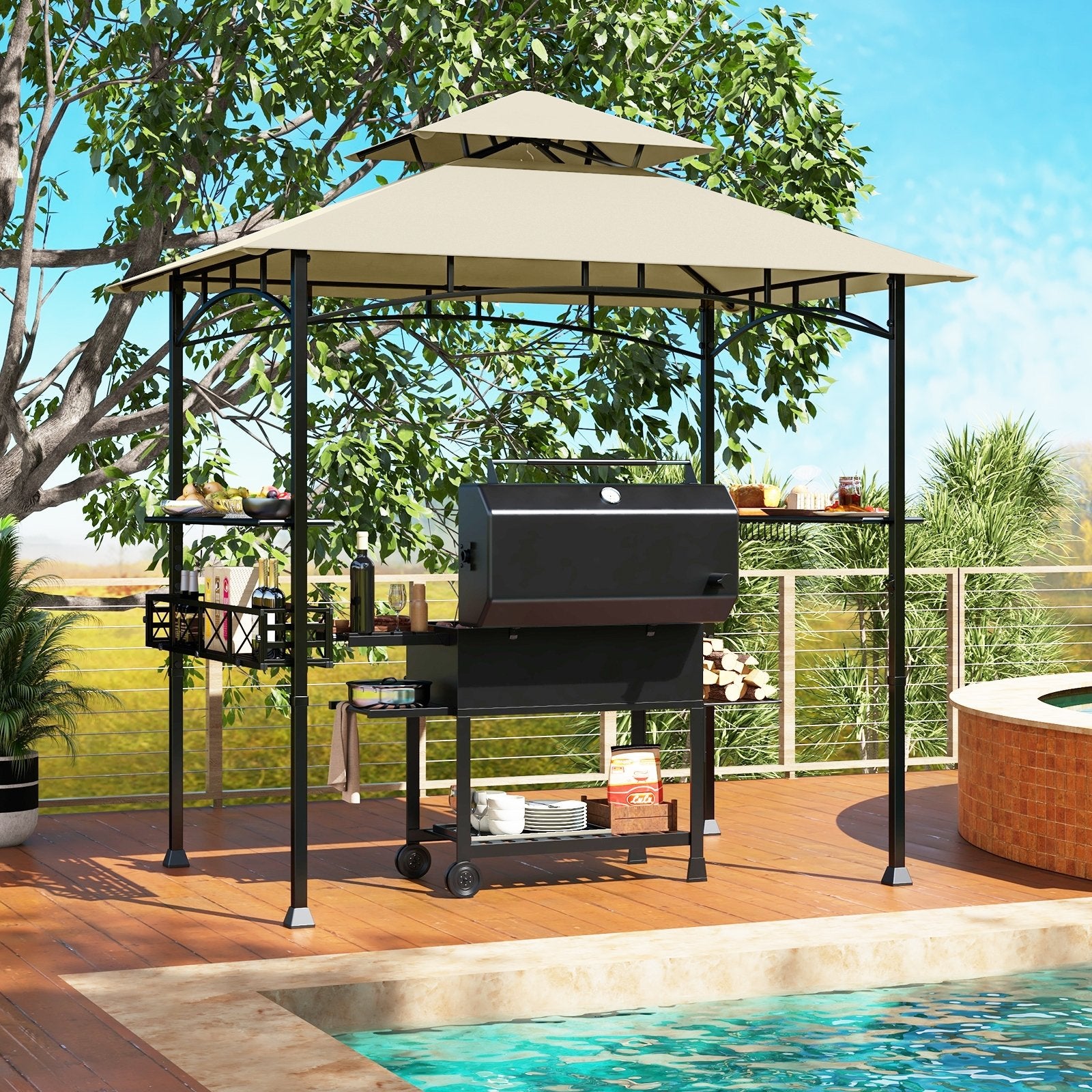 8 x 5 Feet Outdoor Grill Gazebo with 2 Side Shelves and 10 Hooks, Beige Gazebos at Gallery Canada