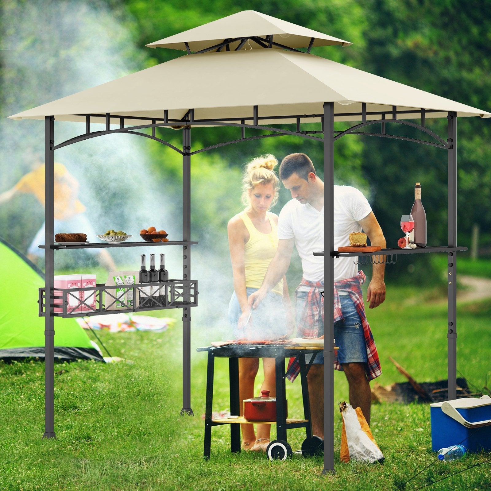 8 x 5 Feet Outdoor Grill Gazebo with 2 Side Shelves and 10 Hooks, Beige Gazebos at Gallery Canada