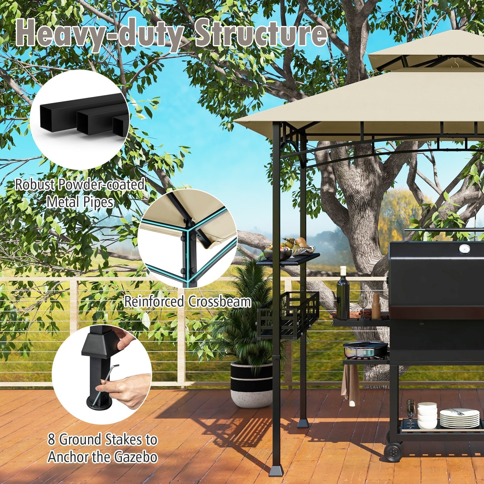 8 x 5 Feet Outdoor Grill Gazebo with 2 Side Shelves and 10 Hooks, Beige Gazebos at Gallery Canada