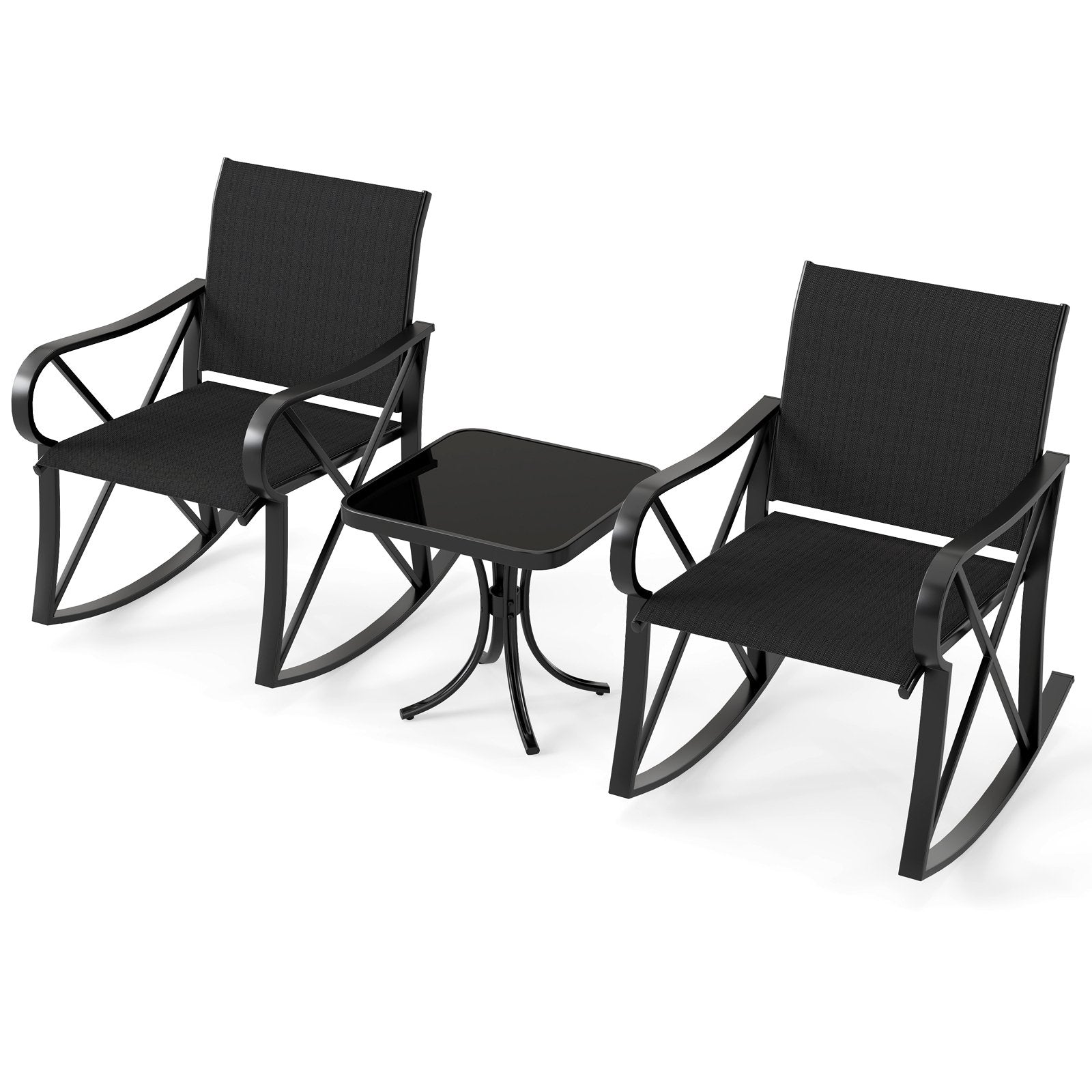 3 Piece Patio Rocking Set with Smooth Rocking Motion Outdoor Rocker Chair Bistro Set, Black Patio Conversation Sets Black at Gallery Canada