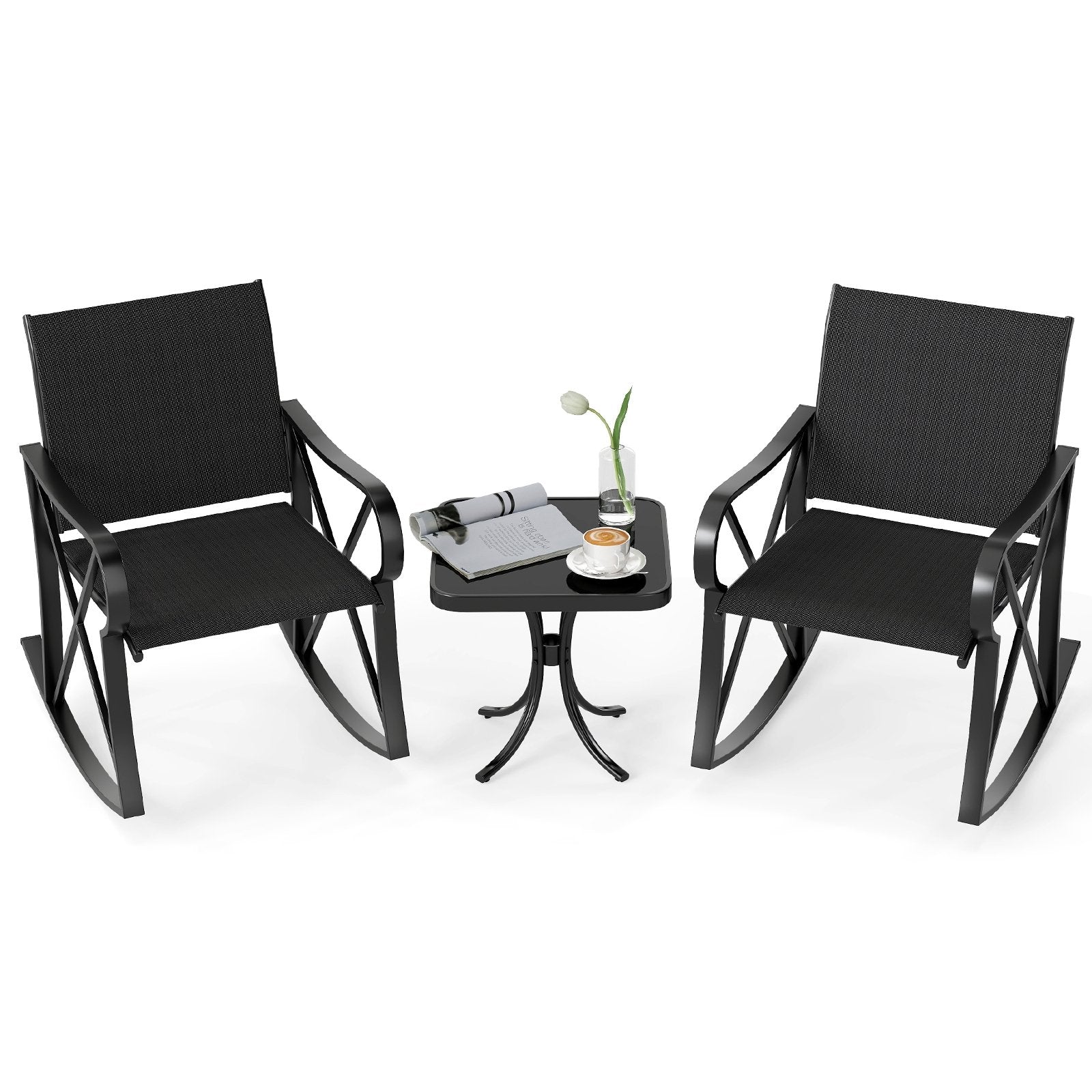 3 Piece Patio Rocking Set with Smooth Rocking Motion Outdoor Rocker Chair Bistro Set, Black Patio Conversation Sets at Gallery Canada