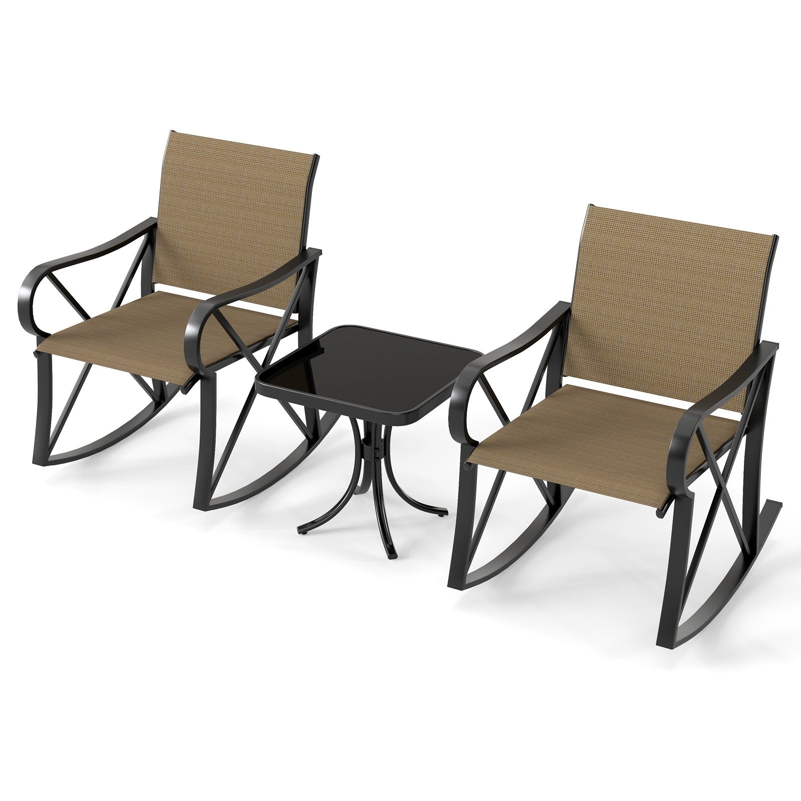 3 Piece Patio Rocking Set with Smooth Rocking Motion Outdoor Rocker Chair Bistro Set , Brown Patio Conversation Sets Brown at Gallery Canada