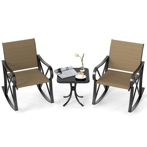 3 Piece Patio Rocking Set with Smooth Rocking Motion Outdoor Rocker Chair Bistro Set , Brown