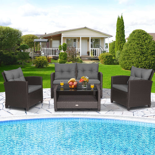 4 Pieces Patio Rattan Conversation Furniture Set with Glass Top Coffee Table, Gray