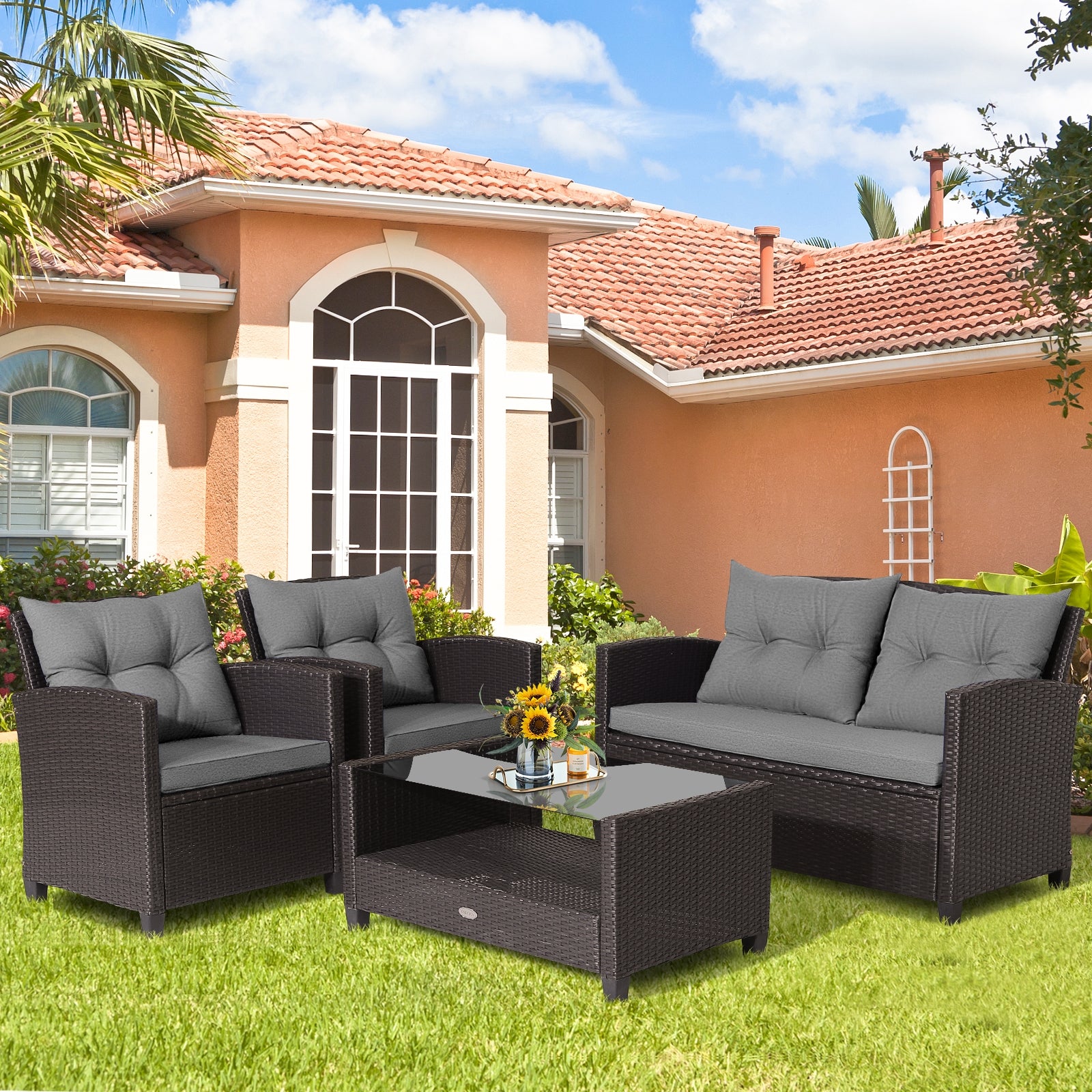 4 Pieces Patio Rattan Conversation Furniture Set with Glass Top Coffee Table, Gray Patio Conversation Sets at Gallery Canada