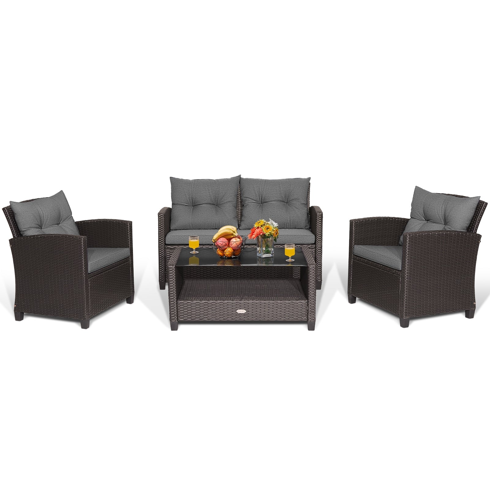4 Pieces Patio Rattan Conversation Furniture Set with Glass Top Coffee Table, Gray Patio Conversation Sets at Gallery Canada