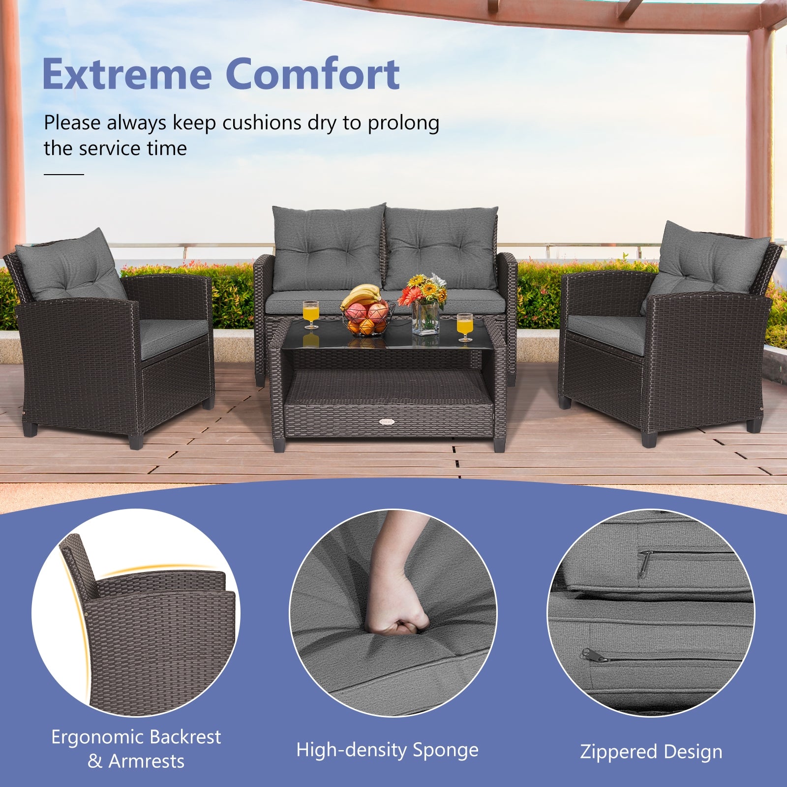 4 Pieces Patio Rattan Conversation Furniture Set with Glass Top Coffee Table, Gray Patio Conversation Sets at Gallery Canada