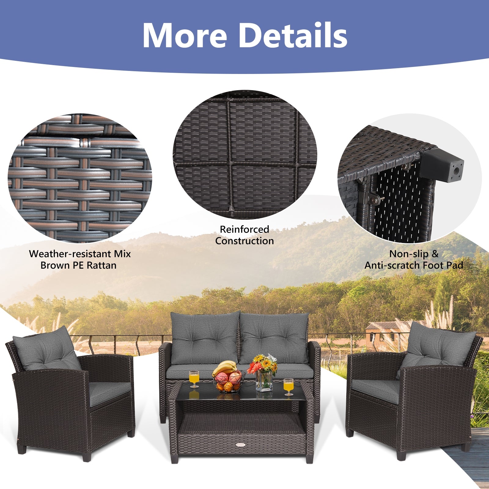 4 Pieces Patio Rattan Conversation Furniture Set with Glass Top Coffee Table, Gray Patio Conversation Sets at Gallery Canada
