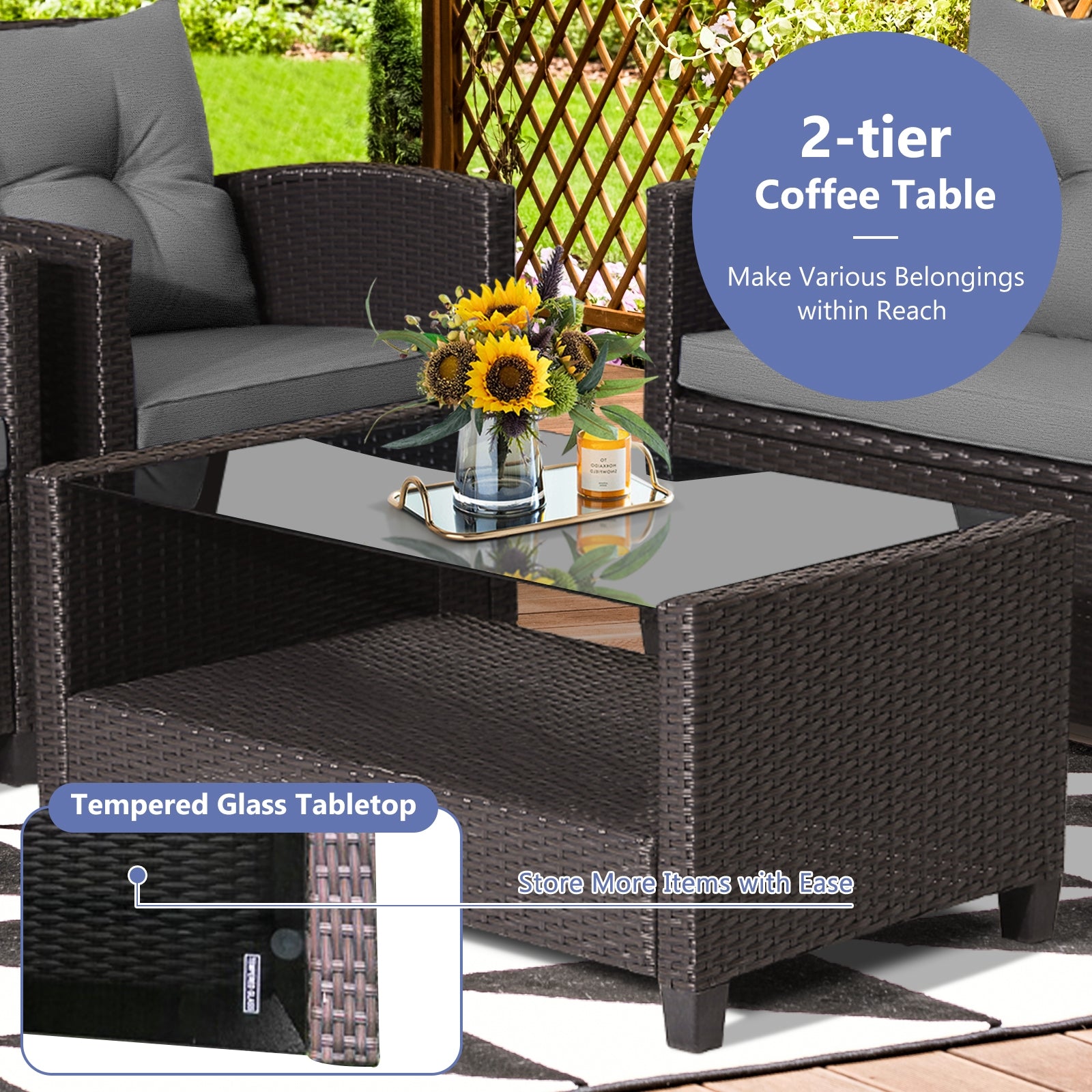 4 Pieces Patio Rattan Conversation Furniture Set with Glass Top Coffee Table, Gray Patio Conversation Sets at Gallery Canada