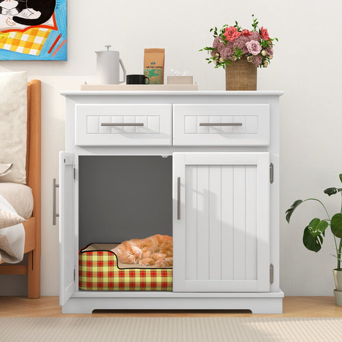 Cat Litter Box Enclosure with 2 Drawers and Double Doors, White