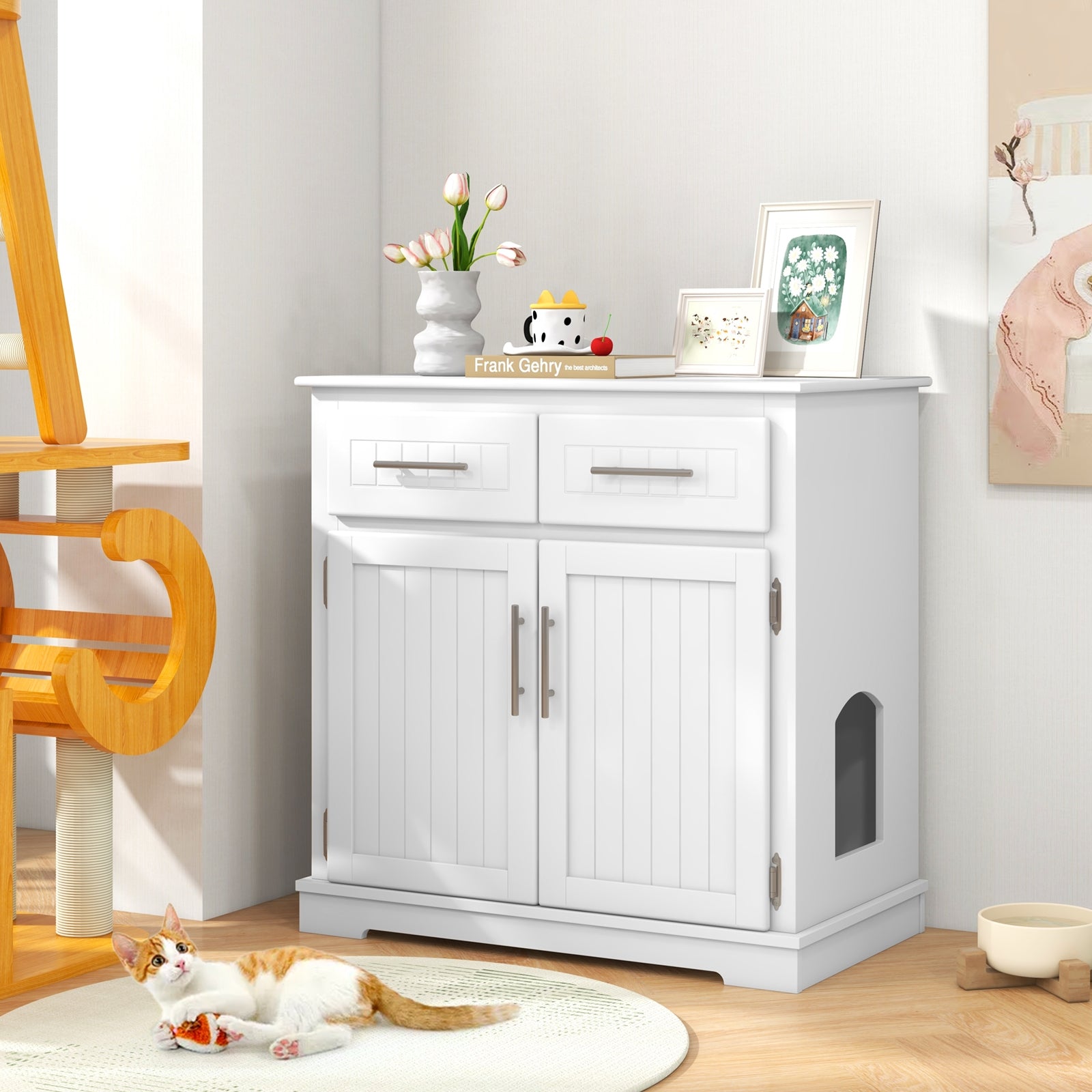 Cat Litter Box Enclosure with 2 Drawers and Double Doors, White Cat Houses at Gallery Canada