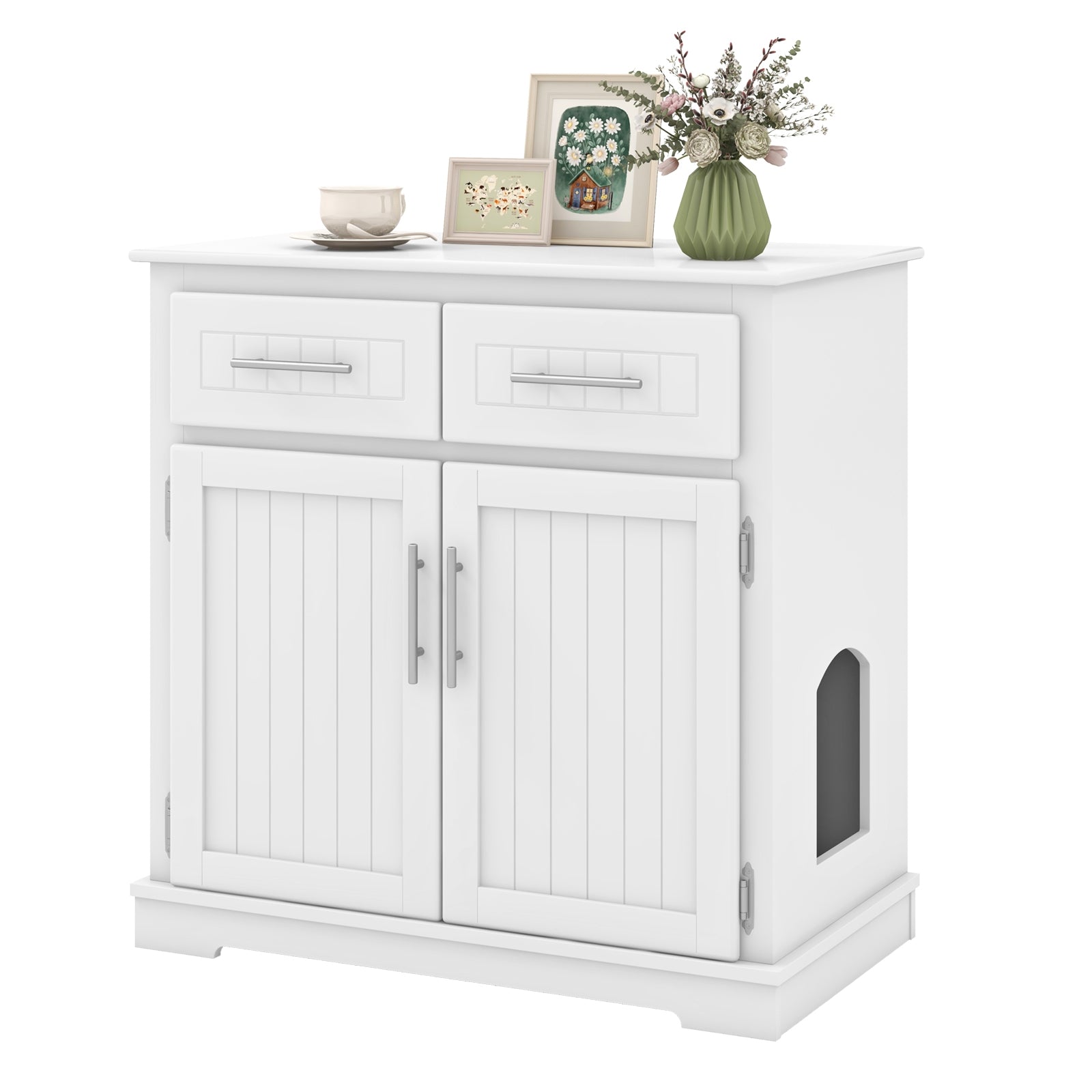 Cat Litter Box Enclosure with 2 Drawers and Double Doors, White Cat Houses White at Gallery Canada
