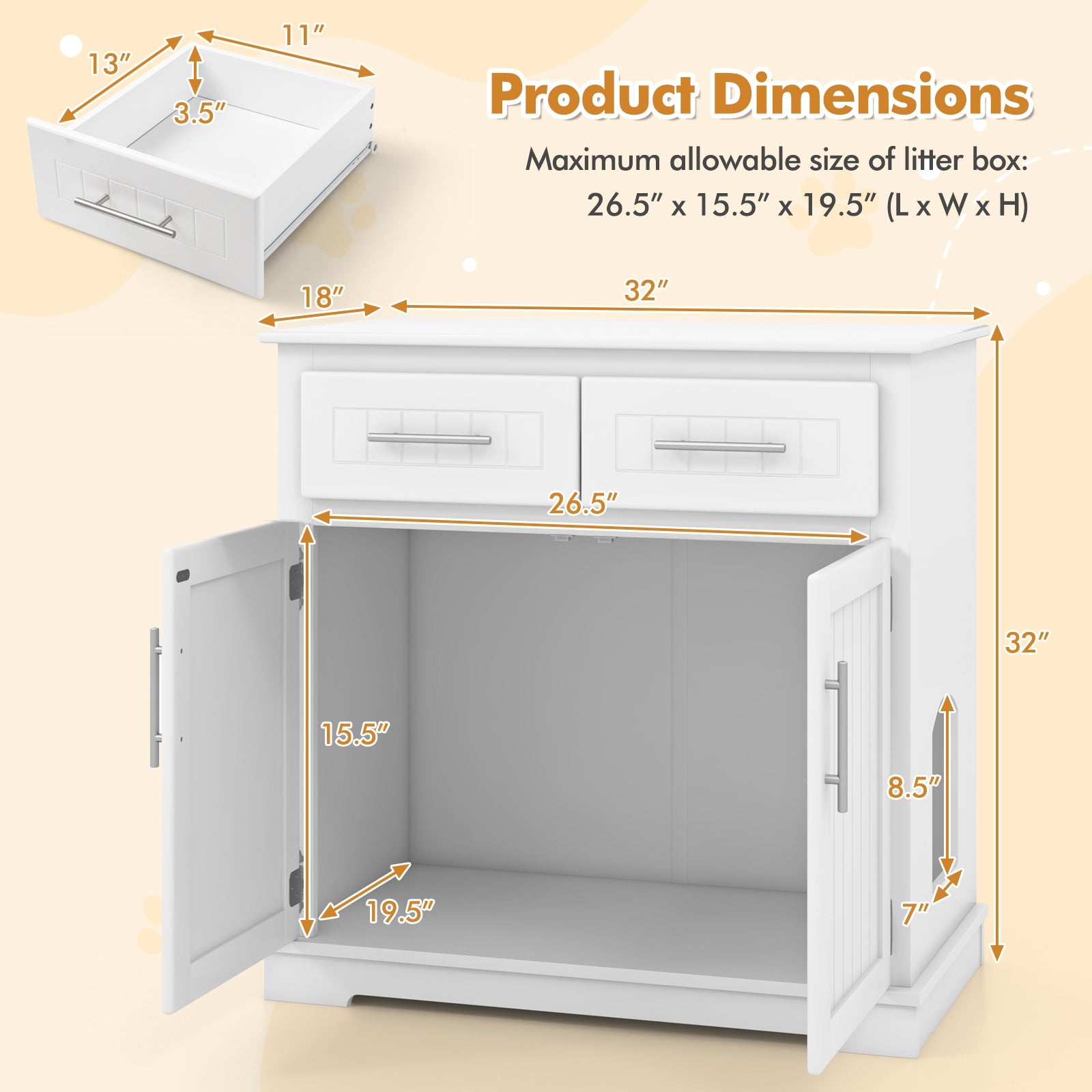 Cat Litter Box Enclosure with 2 Drawers and Double Doors, White Cat Houses at Gallery Canada