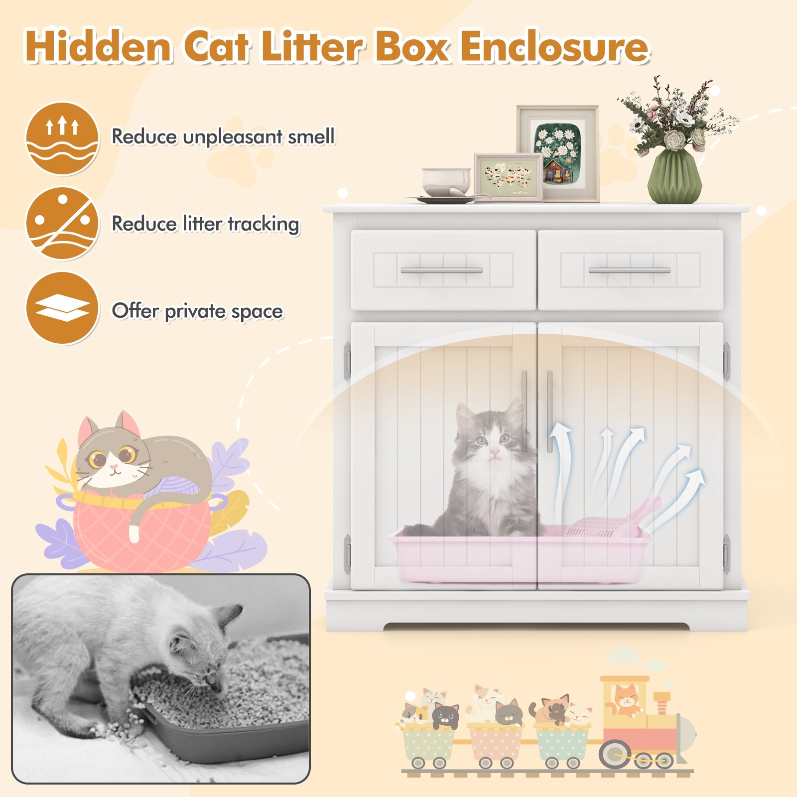Cat Litter Box Enclosure with 2 Drawers and Double Doors, White Cat Houses at Gallery Canada