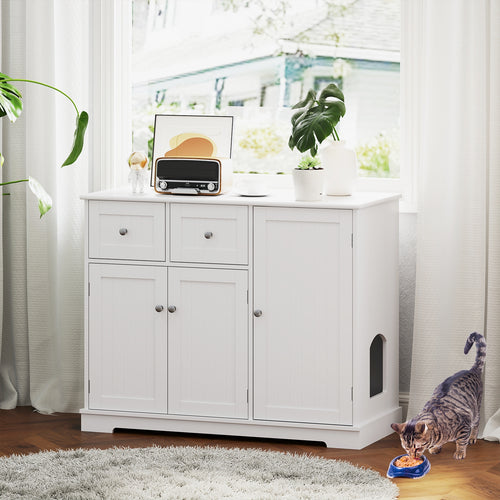 Cat Litter Box Enclosure with 2 Drawers and 3 Doors for Kittens and Adult Cats, White