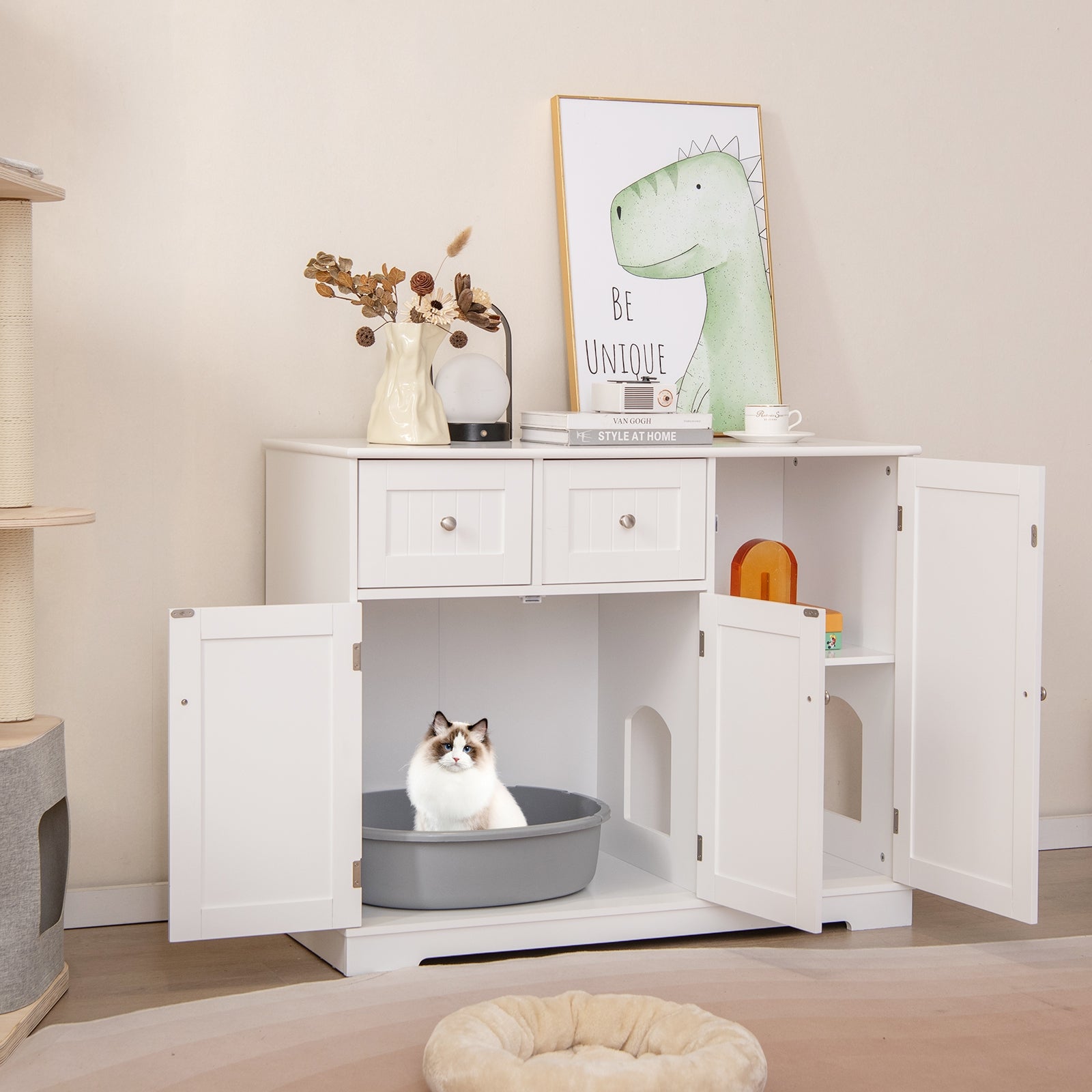 Cat Litter Box Enclosure with 2 Drawers and 3 Doors for Kittens and Adult Cats, White Cat Houses at Gallery Canada