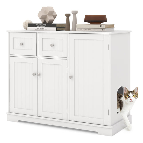 Cat Litter Box Enclosure with 2 Drawers and 3 Doors for Kittens and Adult Cats, White