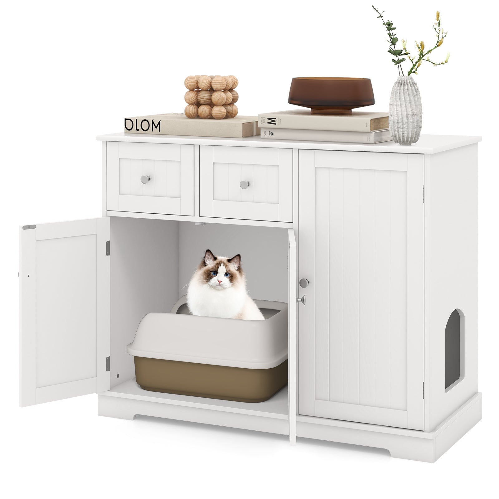Cat Litter Box Enclosure with 2 Drawers and 3 Doors for Kittens and Adult Cats, White Cat Houses at Gallery Canada