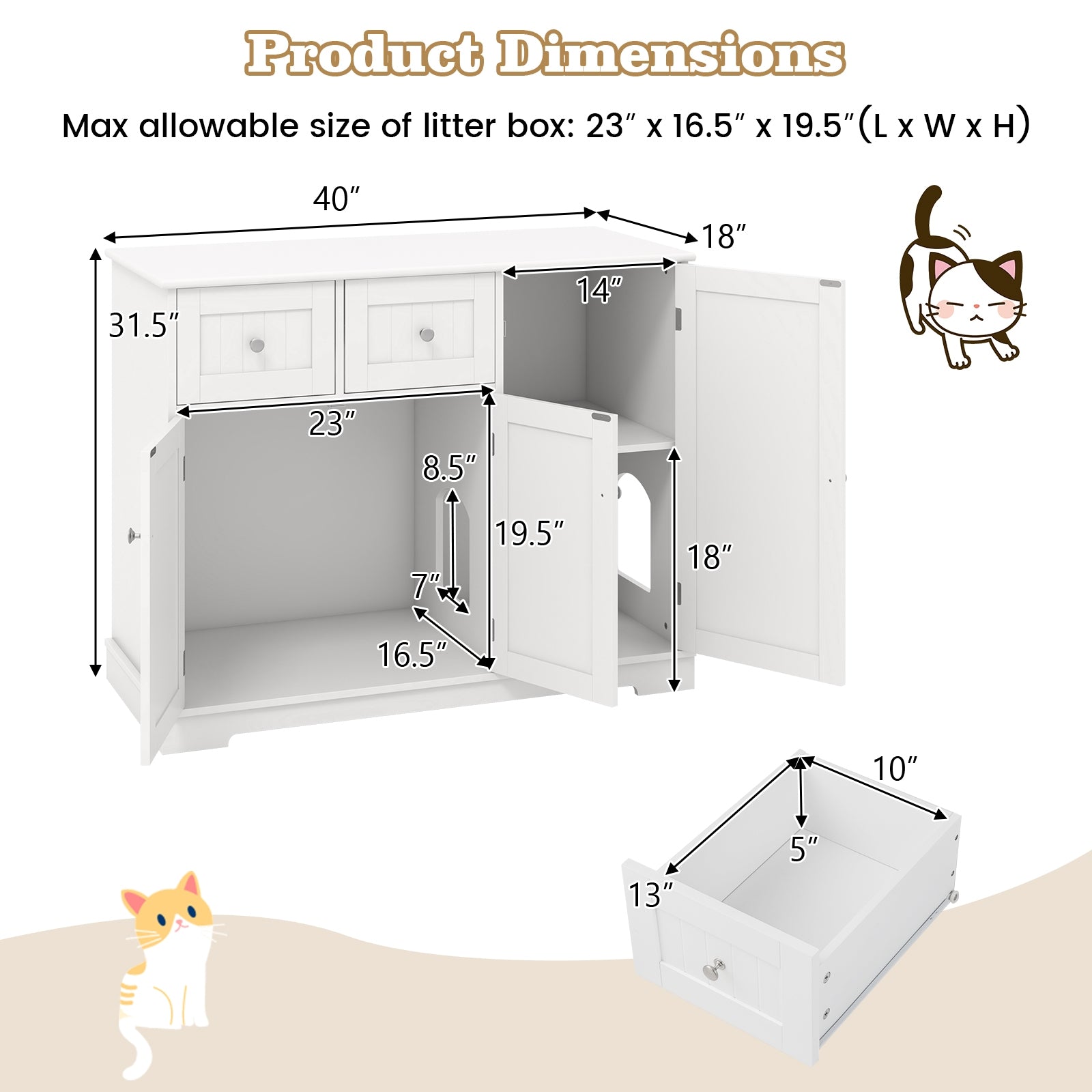 Cat Litter Box Enclosure with 2 Drawers and 3 Doors for Kittens and Adult Cats, White Cat Houses at Gallery Canada