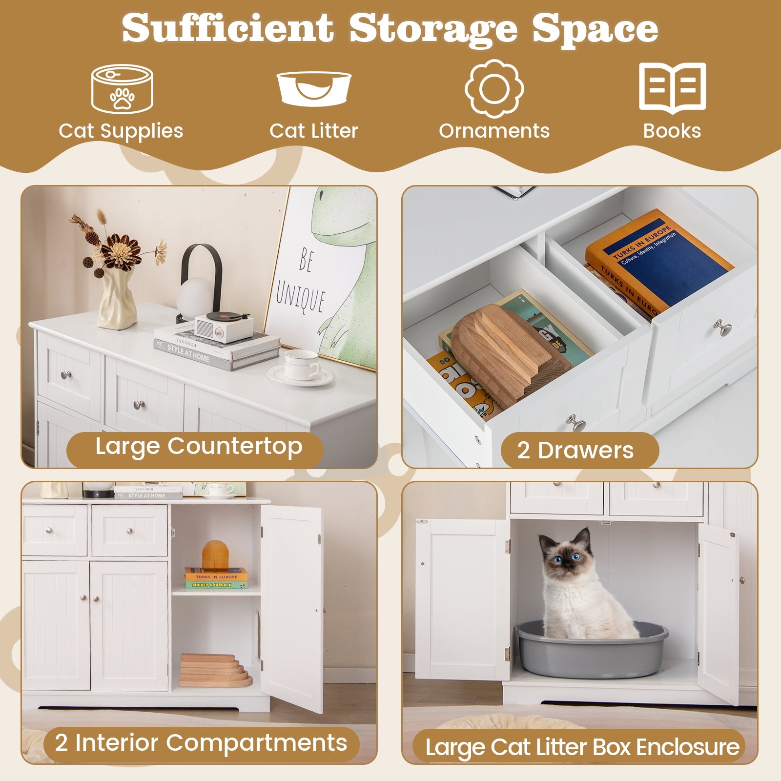 Cat Litter Box Enclosure with 2 Drawers and 3 Doors for Kittens and Adult Cats, White Cat Houses at Gallery Canada