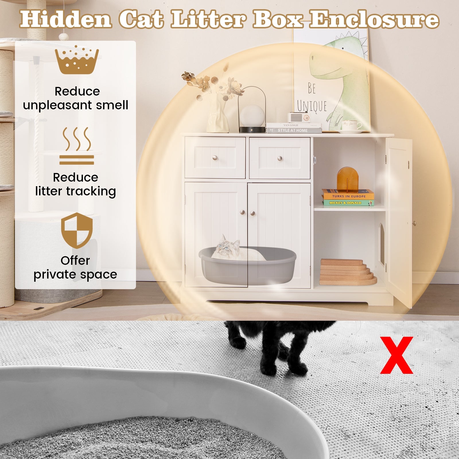 Cat Litter Box Enclosure with 2 Drawers and 3 Doors for Kittens and Adult Cats, White Cat Houses at Gallery Canada