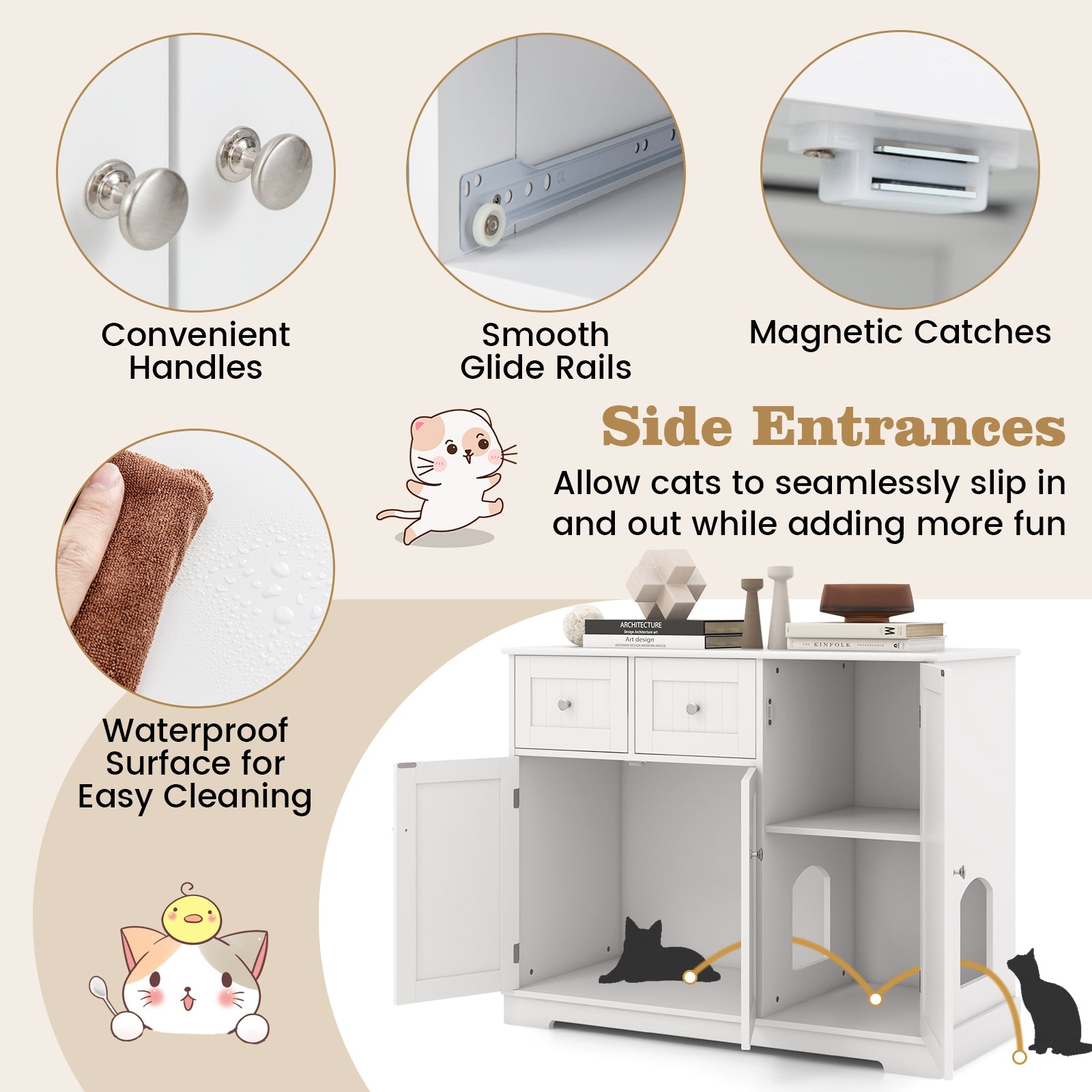 Cat Litter Box Enclosure with 2 Drawers and 3 Doors for Kittens and Adult Cats, White Cat Houses at Gallery Canada