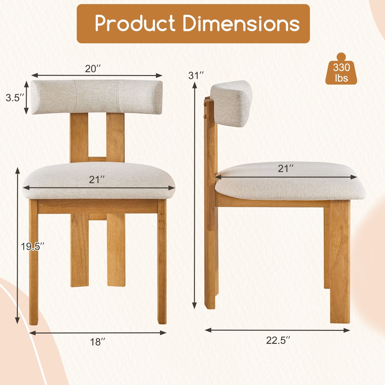 Dining Chair Set of 2 Upholstered Kitchen Chair with Padded Seat, Natural Dining Chairs at Gallery Canada
