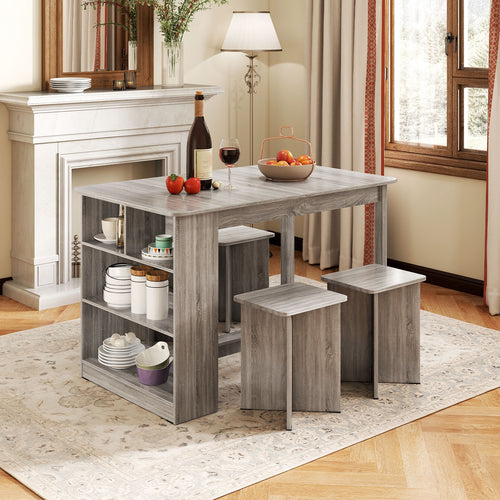 5 Pieces Dining Table Set with Storage Shelf and 4 Stools, Gray
