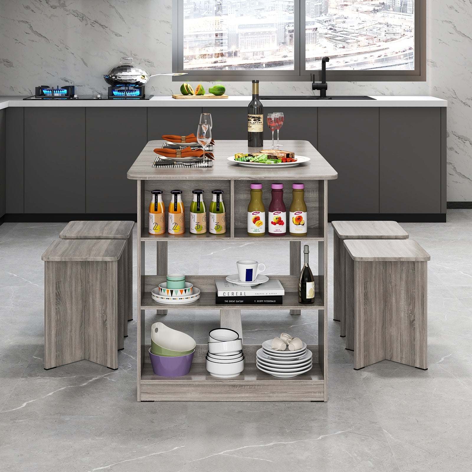 5 Pieces Dining Table Set with Storage Shelf and 4 Stools, Gray Dining Room Sets at Gallery Canada