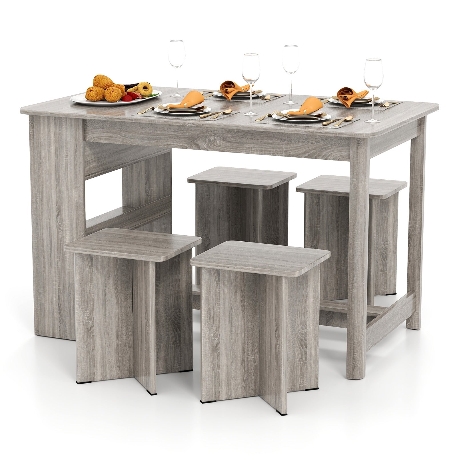 5 Pieces Dining Table Set with Storage Shelf and 4 Stools, Gray Dining Room Sets Gray at Gallery Canada
