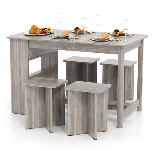 5 Pieces Dining Table Set with Storage Shelf and 4 Stools, Gray