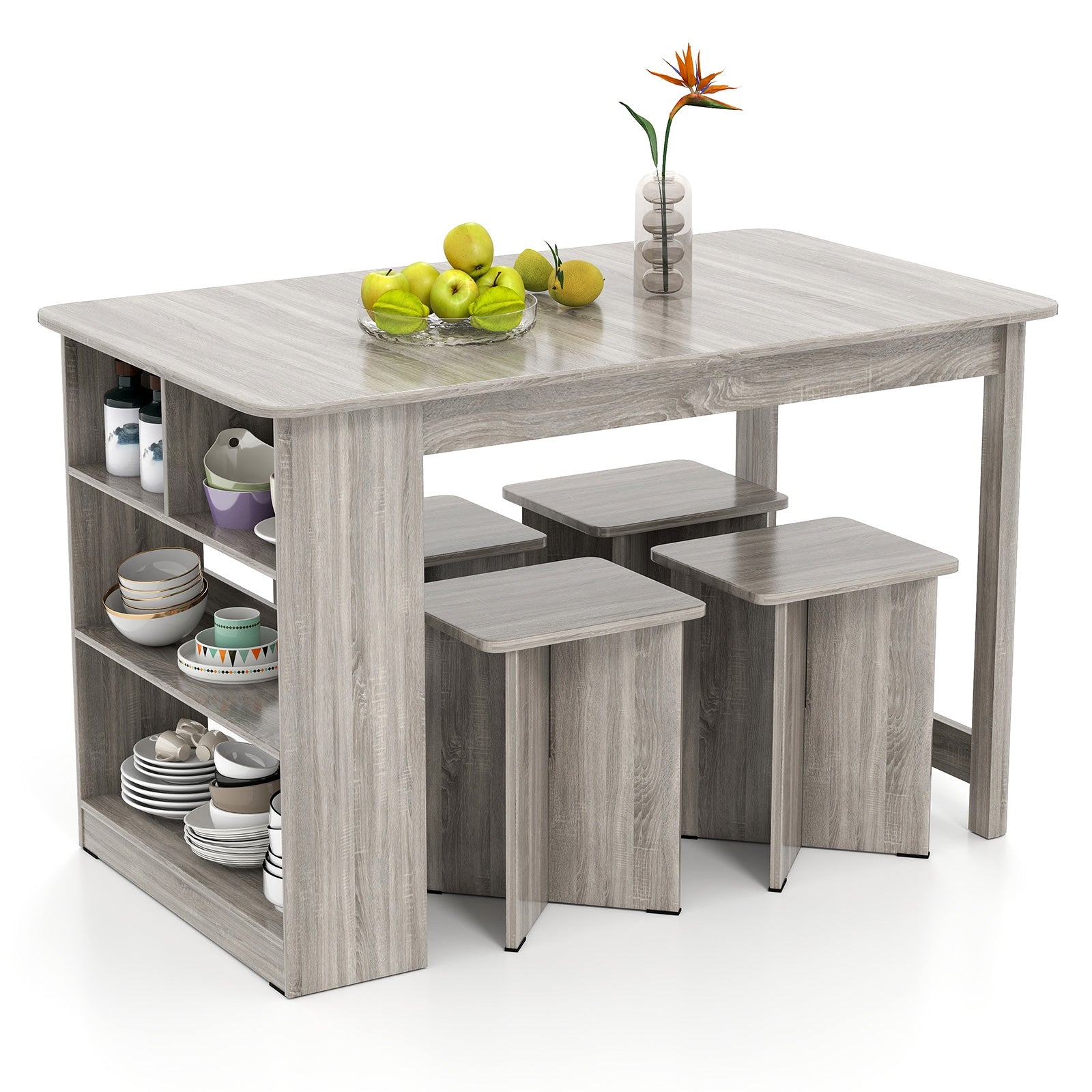 5 Pieces Dining Table Set with Storage Shelf and 4 Stools, Gray Dining Room Sets at Gallery Canada