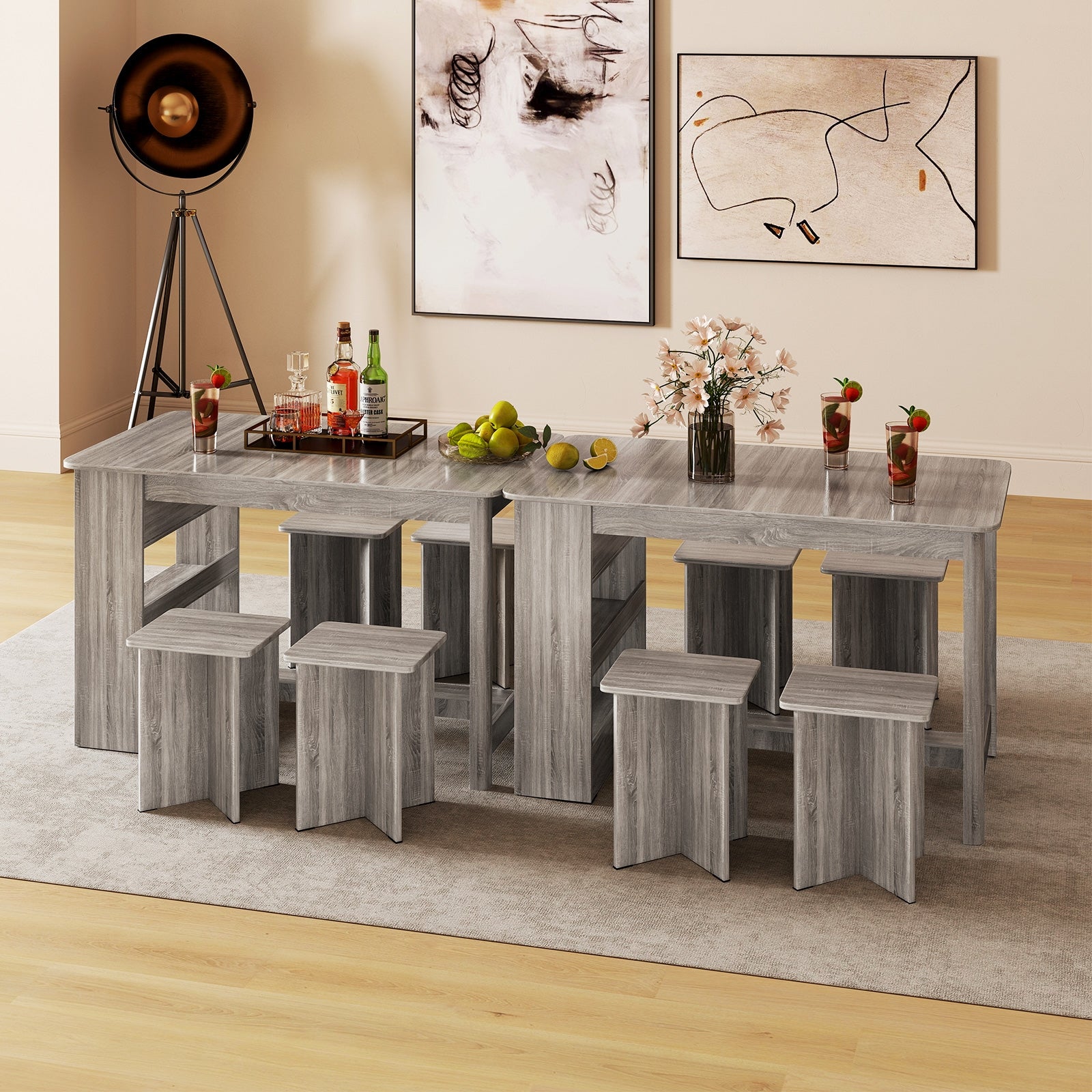 5 Pieces Dining Table Set with Storage Shelf and 4 Stools, Gray Dining Room Sets at Gallery Canada