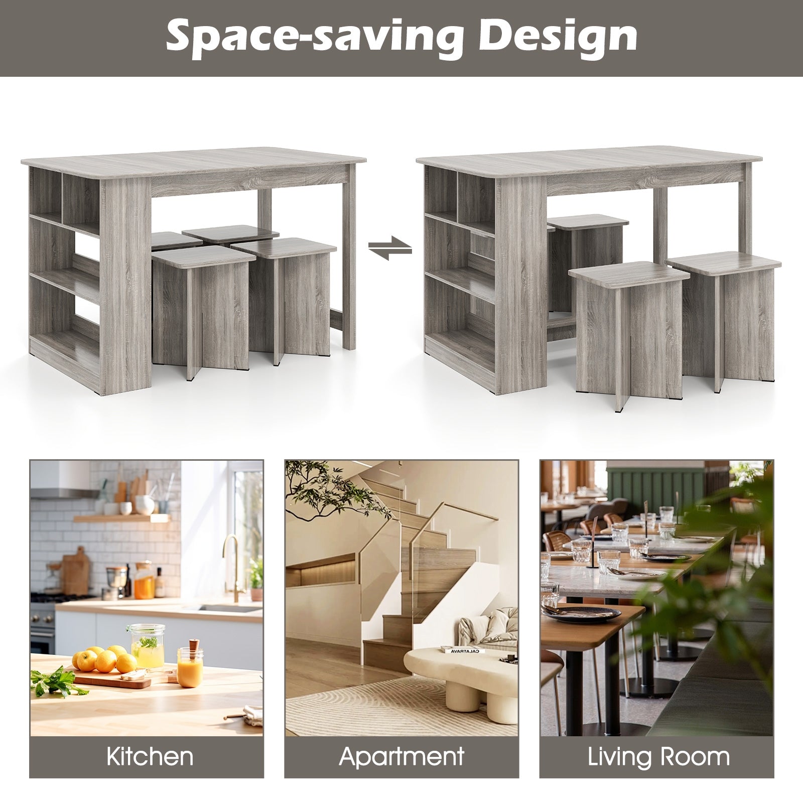5 Pieces Dining Table Set with Storage Shelf and 4 Stools, Gray Dining Room Sets at Gallery Canada