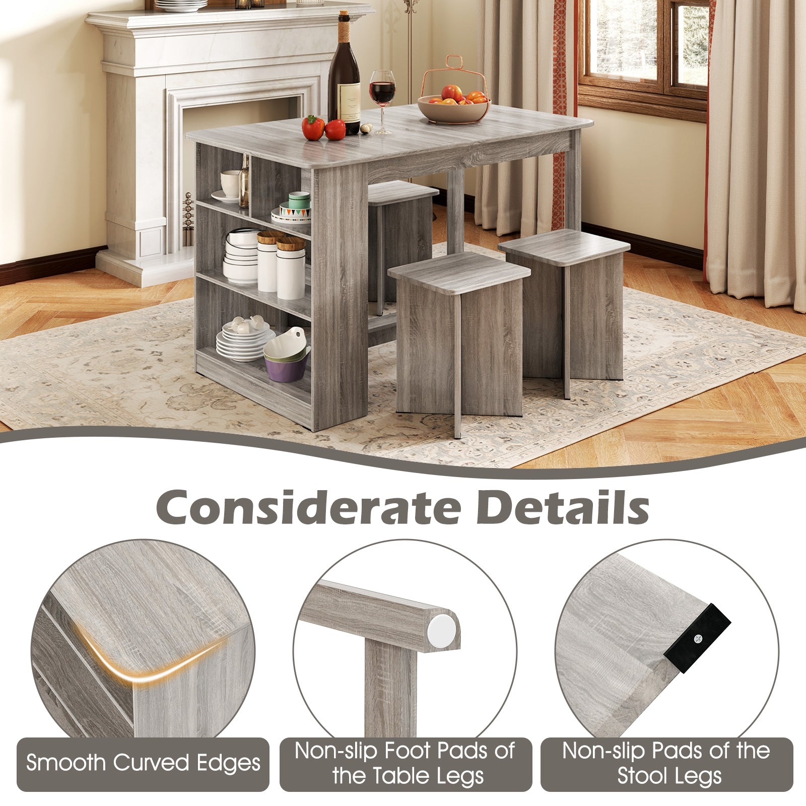 5 Pieces Dining Table Set with Storage Shelf and 4 Stools, Gray Dining Room Sets at Gallery Canada