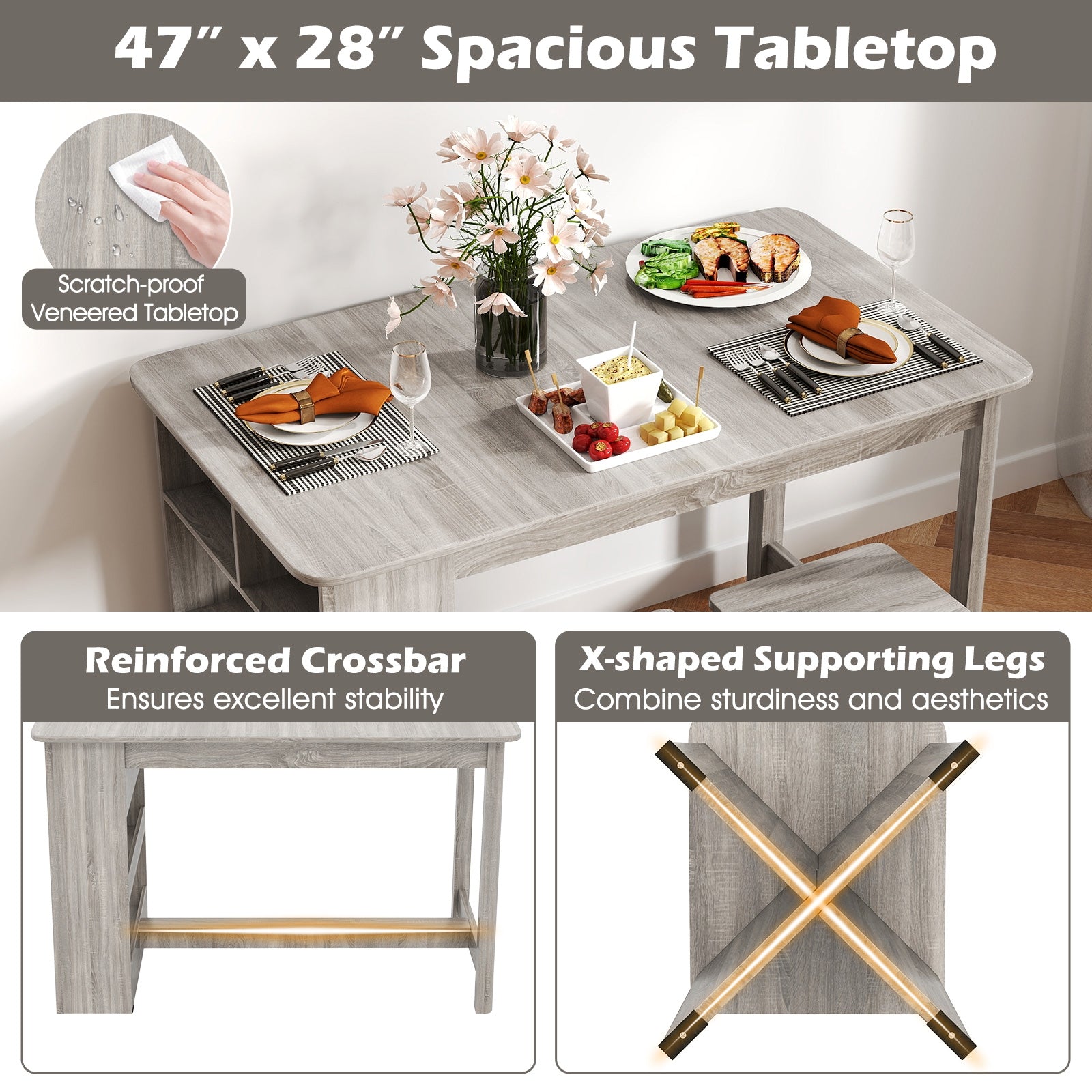 5 Pieces Dining Table Set with Storage Shelf and 4 Stools, Gray Dining Room Sets at Gallery Canada