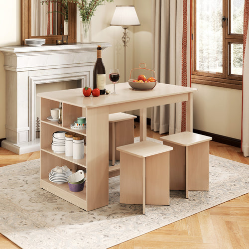 5 Pieces Dining Table Set with Storage Shelf and 4 Stools, Natural