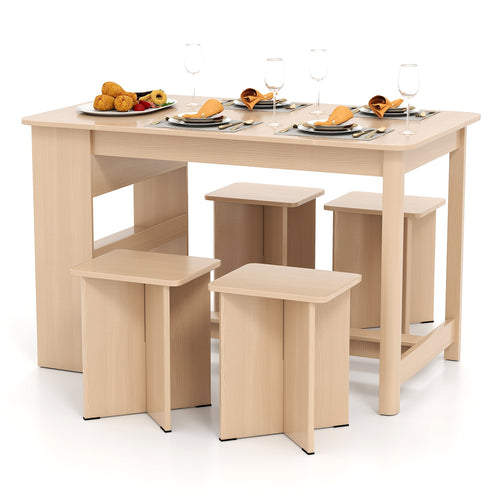 5 Pieces Dining Table Set with Storage Shelf and 4 Stools, Natural