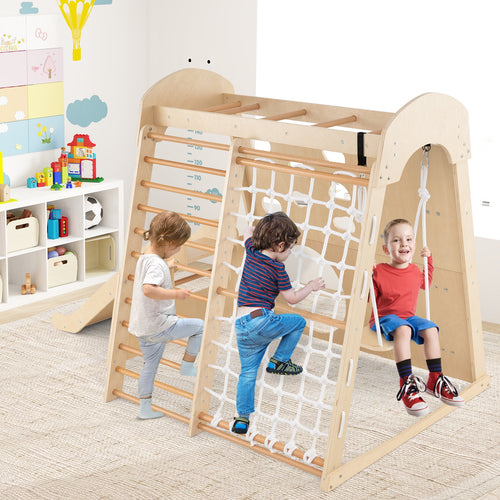 8-in-1 Indoor Jungle Gym Wooden Playground with Swing and Climbing Wall, Natural