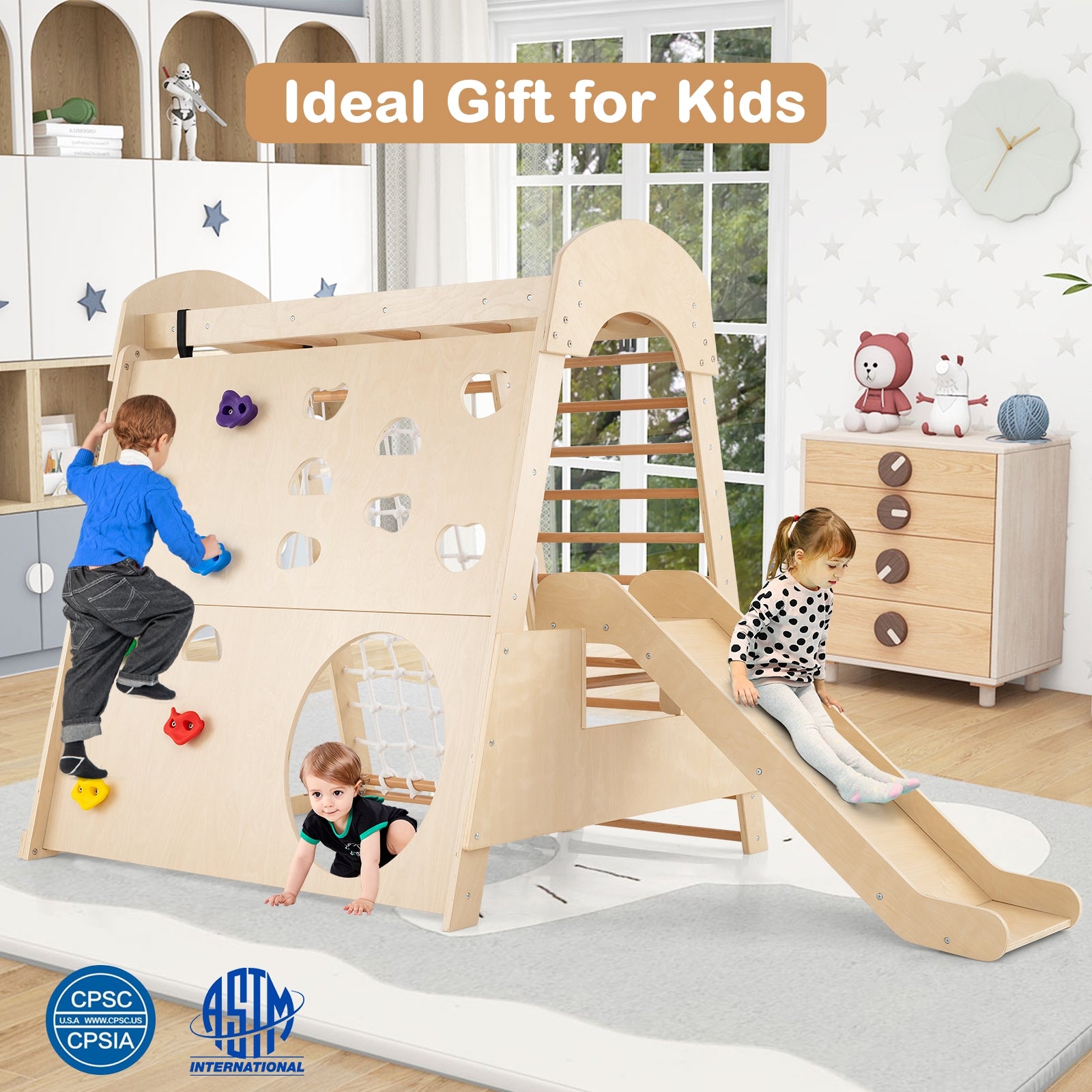 8-in-1 Indoor Jungle Gym Wooden Playground with Swing and Climbing Wall, Natural Climbers & Slides at Gallery Canada