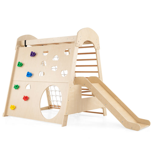 8-in-1 Indoor Jungle Gym Wooden Playground with Swing and Climbing Wall, Natural