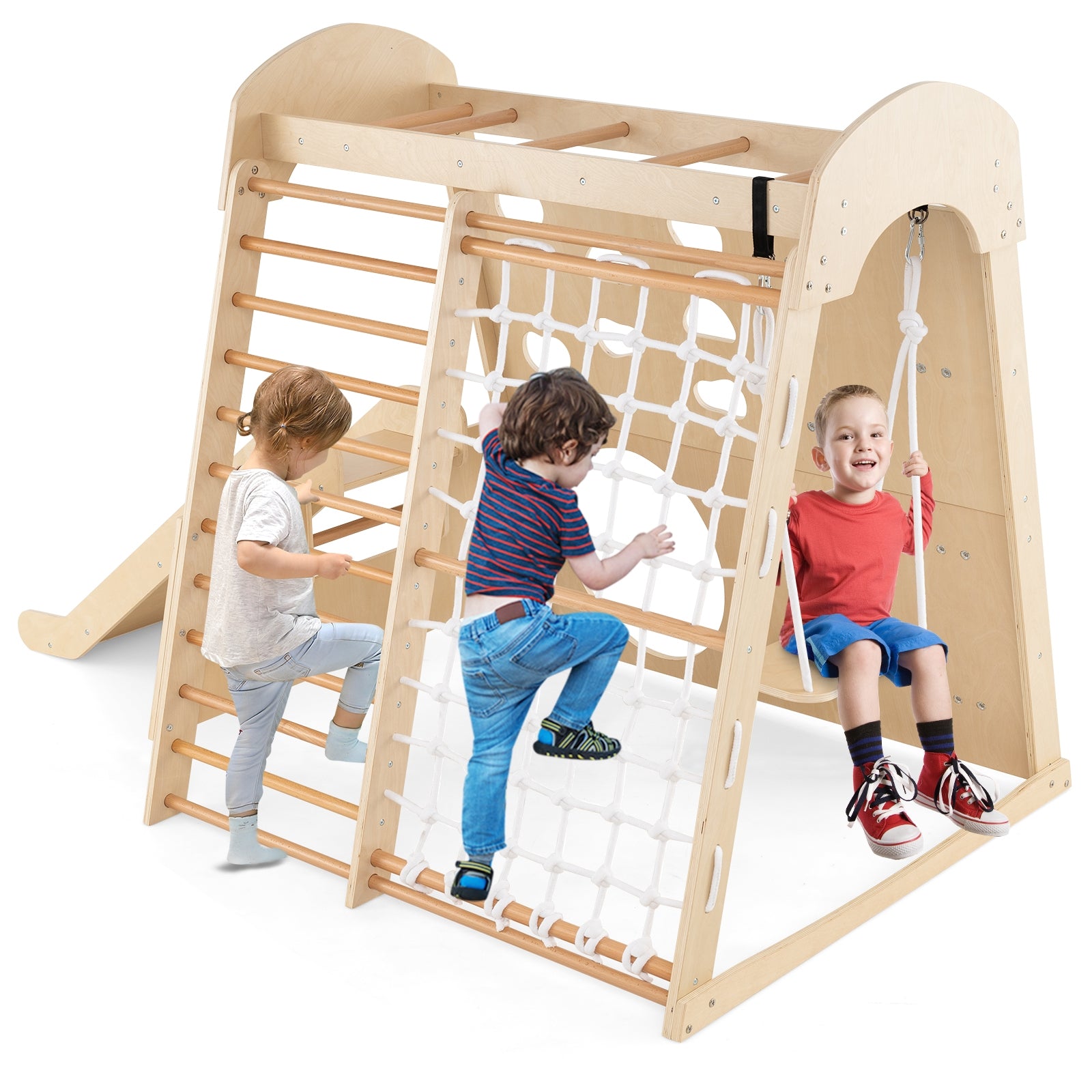 8-in-1 Indoor Jungle Gym Wooden Playground with Swing and Climbing Wall, Natural Climbers & Slides at Gallery Canada