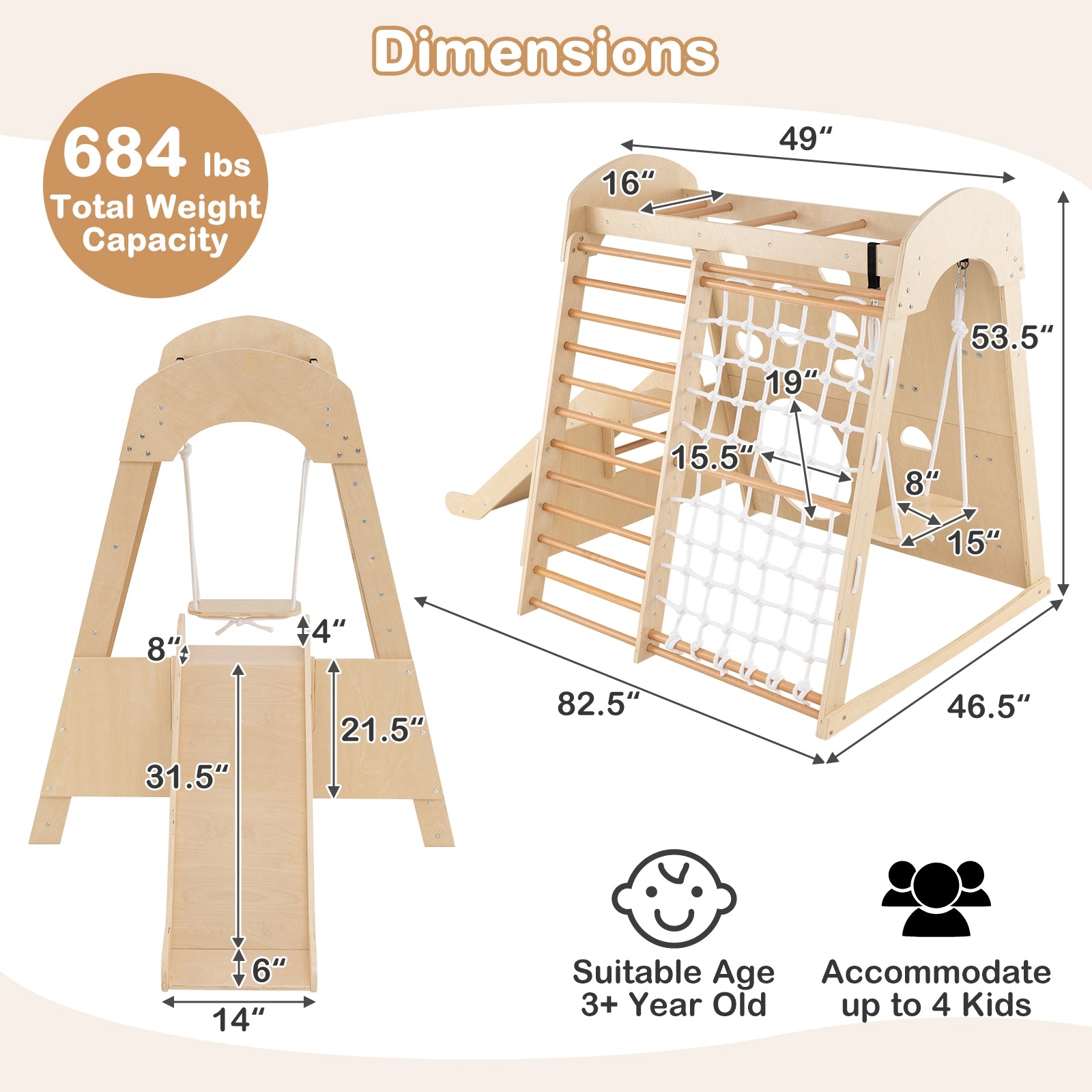 8-in-1 Indoor Jungle Gym Wooden Playground with Swing and Climbing Wall, Natural Climbers & Slides at Gallery Canada