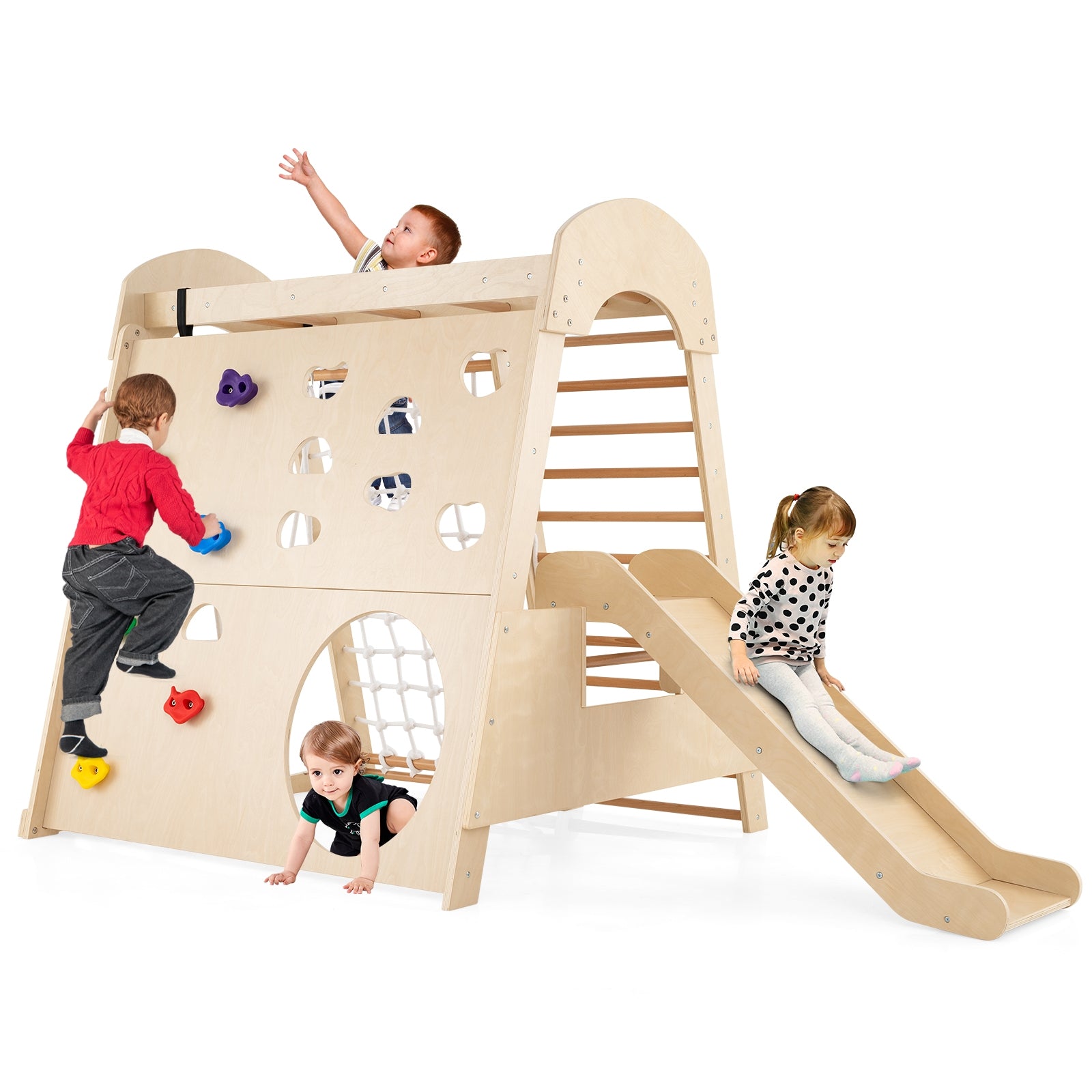 8-in-1 Indoor Jungle Gym Wooden Playground with Swing and Climbing Wall, Natural Climbers & Slides at Gallery Canada
